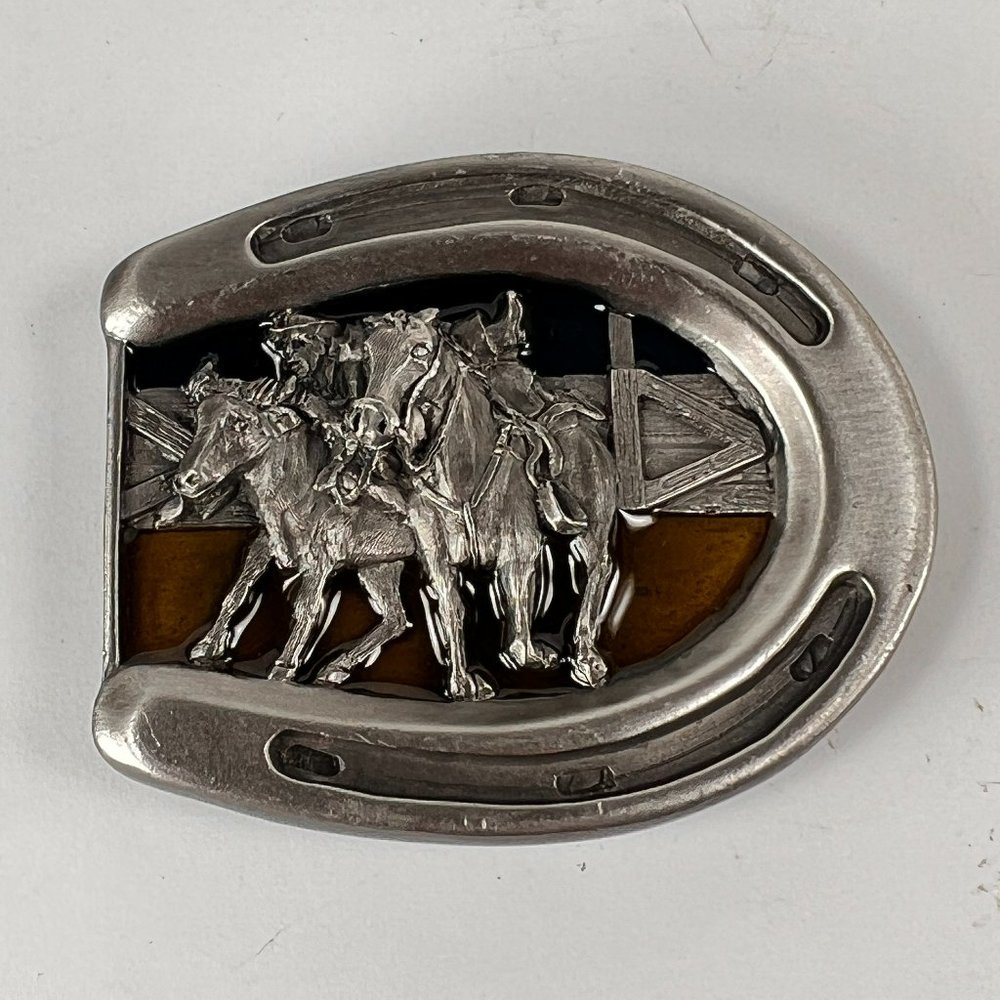 Vintage Bulldogging Belt Buckle Rodeo Western Lucky Horseshoe Bergamot 80s USA